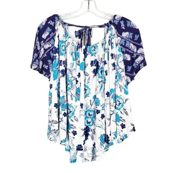 FREE PEOPLE Blue Floral Boho Baja Babe Open Tie Back Cold Shoulder NWT - Picture 1 of 6